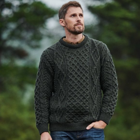 Irish 100% wool forest green unisex fisherman’s sweater NWT - Picture 9 of 9